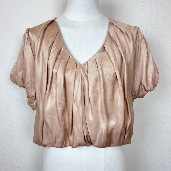 Very J Top Womens Large Cropped Satin Puff Sleeve Bubble Hem Blouson Beige - Picture 1 of 12